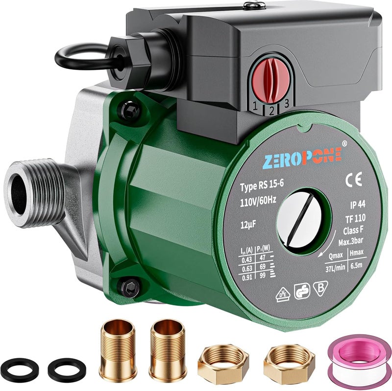 ZeroPone Hot Water Recirculating Pump, 93W Water Circulator Pump NPT 3/4" w/NPT 1/2" Adapter, Stainless Steel Head,15-6S 3 Speed Control for Electric Water Heater System - Image 1